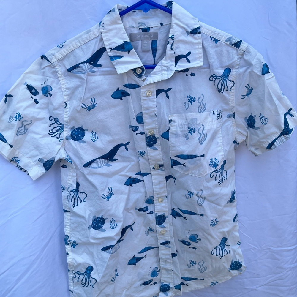Nordstrom Blue and White Dinosaur Print Button Down Shirt